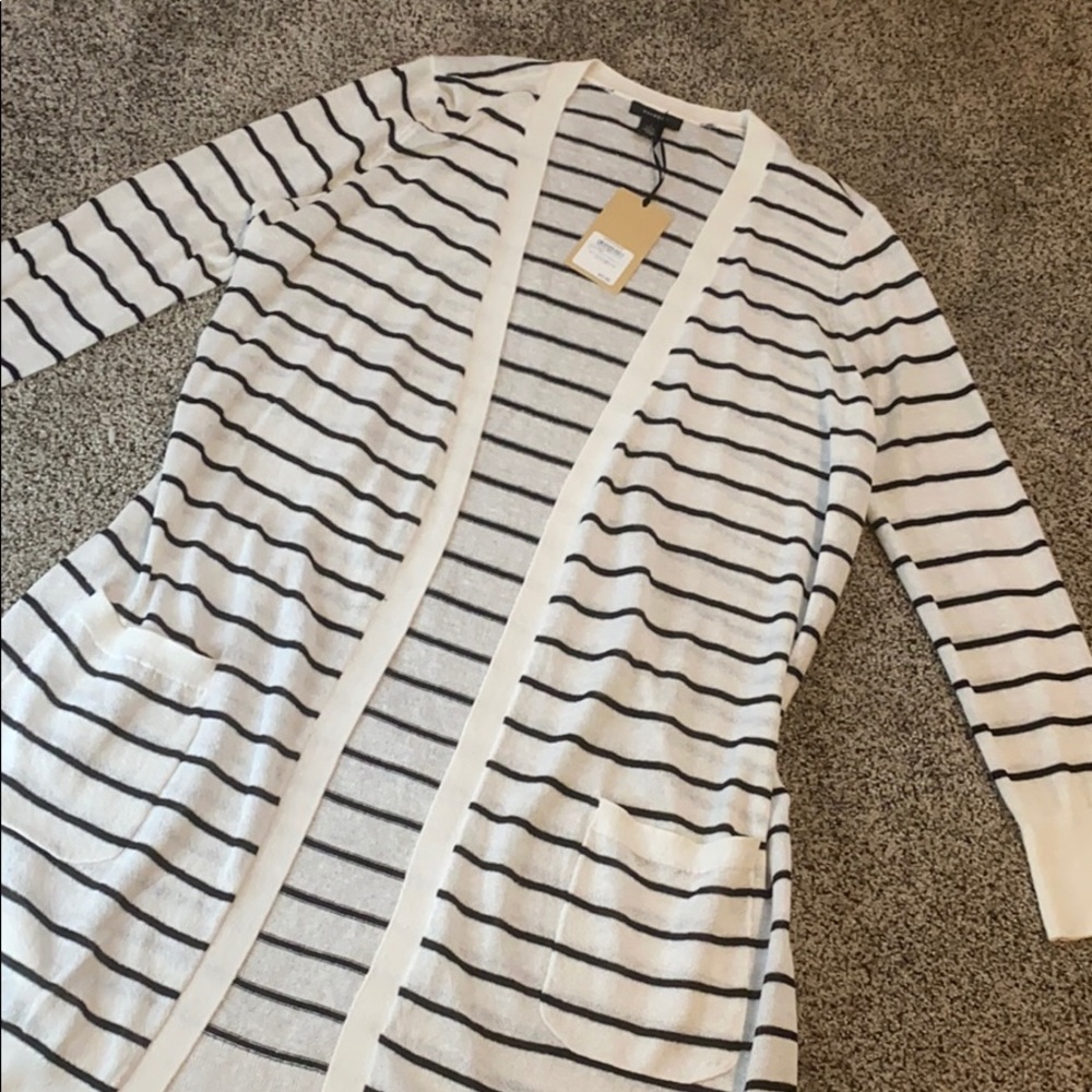 Black and white striped cardigan.